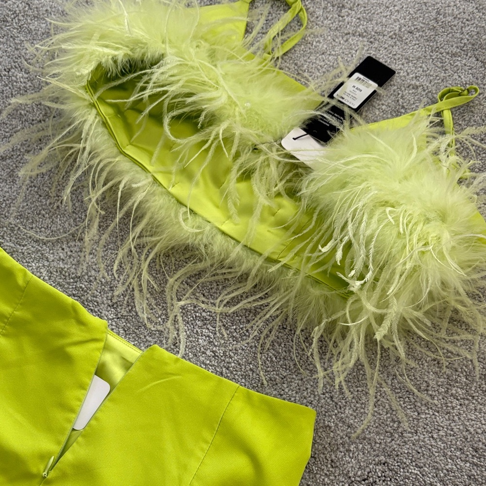 Asymmetrical Lime Green Feathered Dress - Picture 5 of 5
